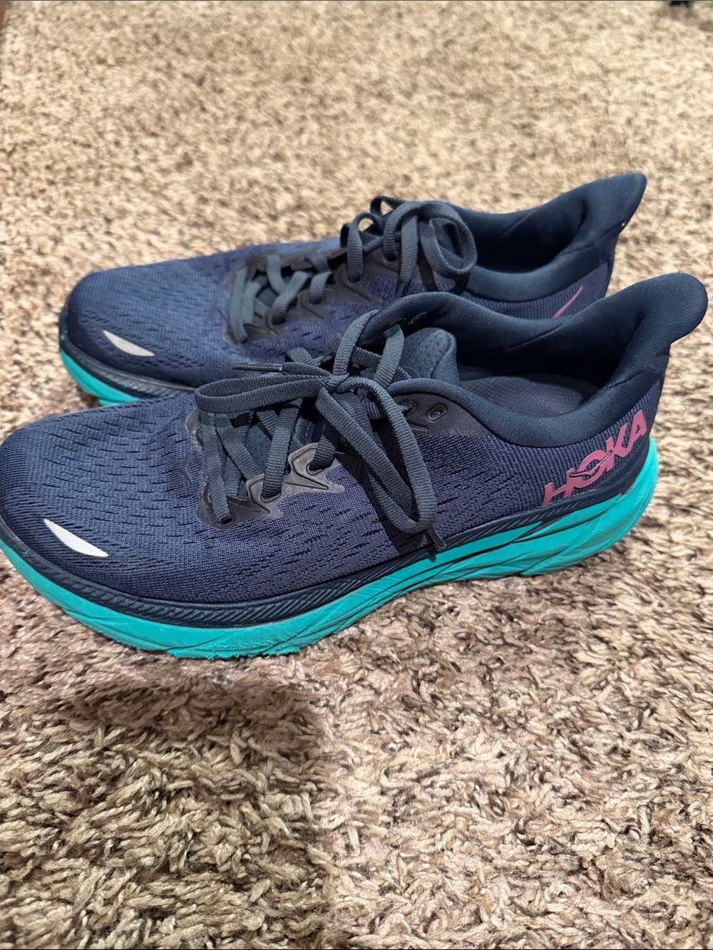 Hoka Women's Navy Running Shoes with Teal Midsole and Pink Logo
